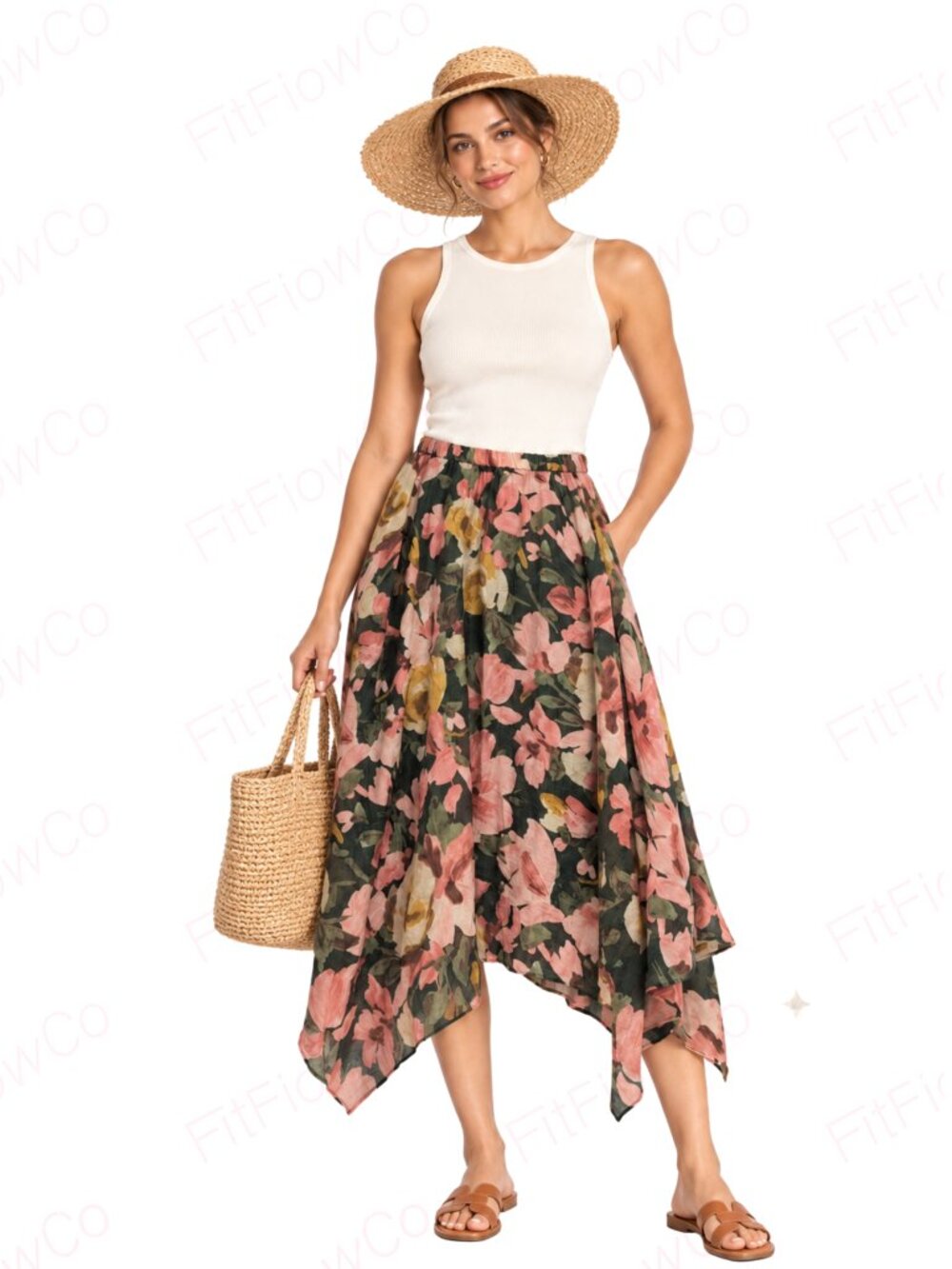 CeCe Floral Handkerchief Hem Midi Skirt M Green Pink Elastic Waist NWT